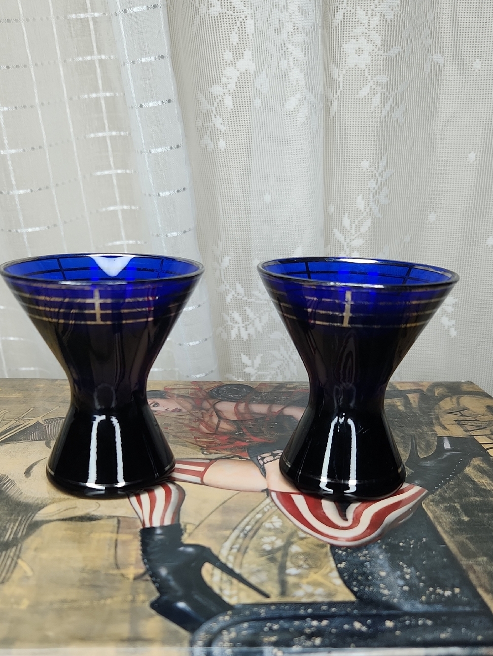 2 Morgantown glass cocktail glasses cobalt blue W/ platinum art deco trim